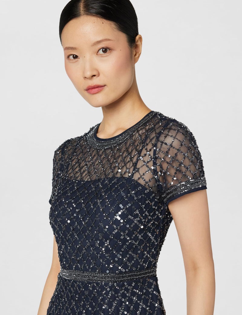 Adrianna Papell Women's Short-Sleeve Grid Beaded Gown, Navy, 16 - Image 5