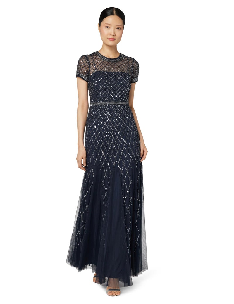 Adrianna Papell Women's Short-Sleeve Grid Beaded Gown, Navy, 16 - Image 2