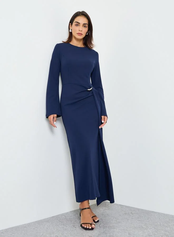 Take Two Navy Blue Solid Midi Dress with Long Sleeves and Ruffle Detail
