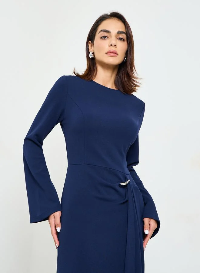 Take Two Navy Blue Solid Midi Dress with Long Sleeves and Ruffle Detail