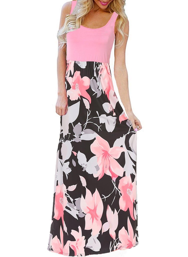 Bluetime Women's Summer Boho Sleeveless Floral Print Tank Long Maxi Dress (Pink, XXXL) - Image 1