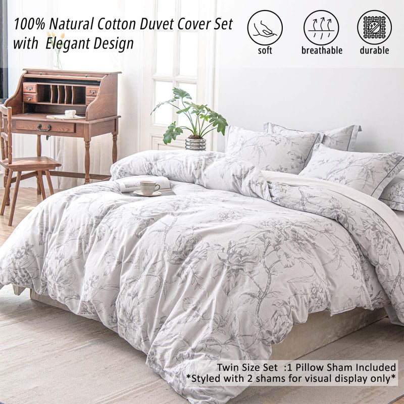 ALEISSEL 100% Natural Cotton 2pcs Floral Duvet Cover Sets - Grayish White Duvet Cover with Gray Luxurious Flowers & Branches Pattern,Botanical Comforter Cover Sets with Button Closure(Twinï¼Œ1 Pillowshamï¼‰ - Image 2
