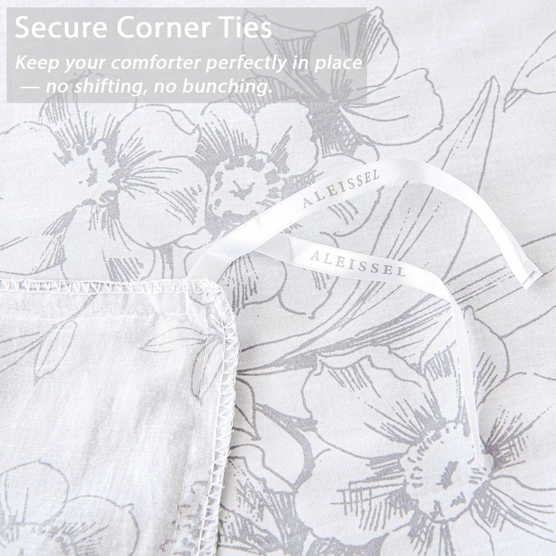 ALEISSEL 100% Natural Cotton 2pcs Floral Duvet Cover Sets - Grayish White Duvet Cover with Gray Luxurious Flowers & Branches Pattern,Botanical Comforter Cover Sets with Button Closure(Twinï¼Œ1 Pillowshamï¼‰ - Image 5