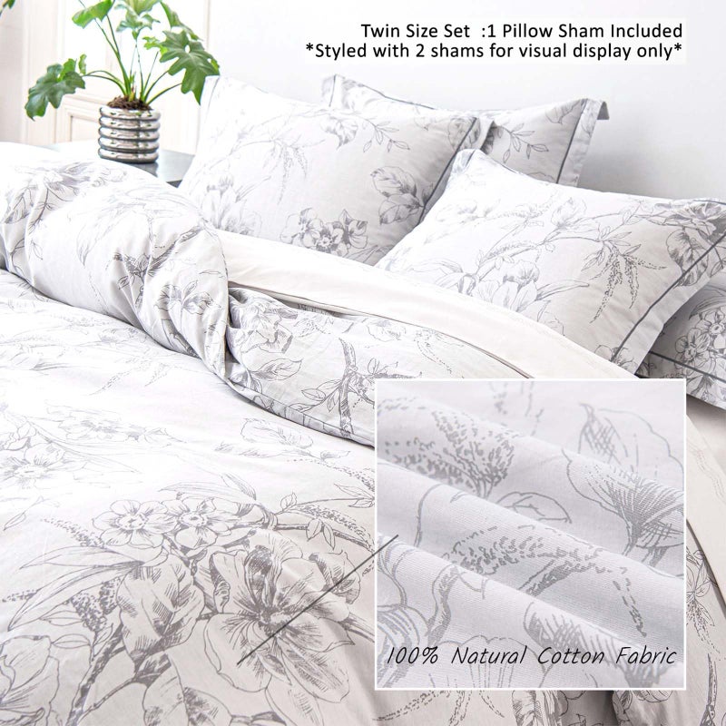 ALEISSEL 100% Natural Cotton 2pcs Floral Duvet Cover Sets - Grayish White Duvet Cover with Gray Luxurious Flowers & Branches Pattern,Botanical Comforter Cover Sets with Button Closure(Twinï¼Œ1 Pillowshamï¼‰ - Image 3