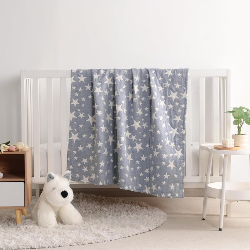 NTBAY بطانية أطفال من القطن الموسلين oversized بسمك 3 طبقات، 45x60 بوصة، بطانية سرير قابلة للعكس بتصميم جاكار، ناعمة جداً وحرارية لجميع الفصول، هدية للطفل، 45"x60"، نجوم زرقاء/بيضاء - Image 4