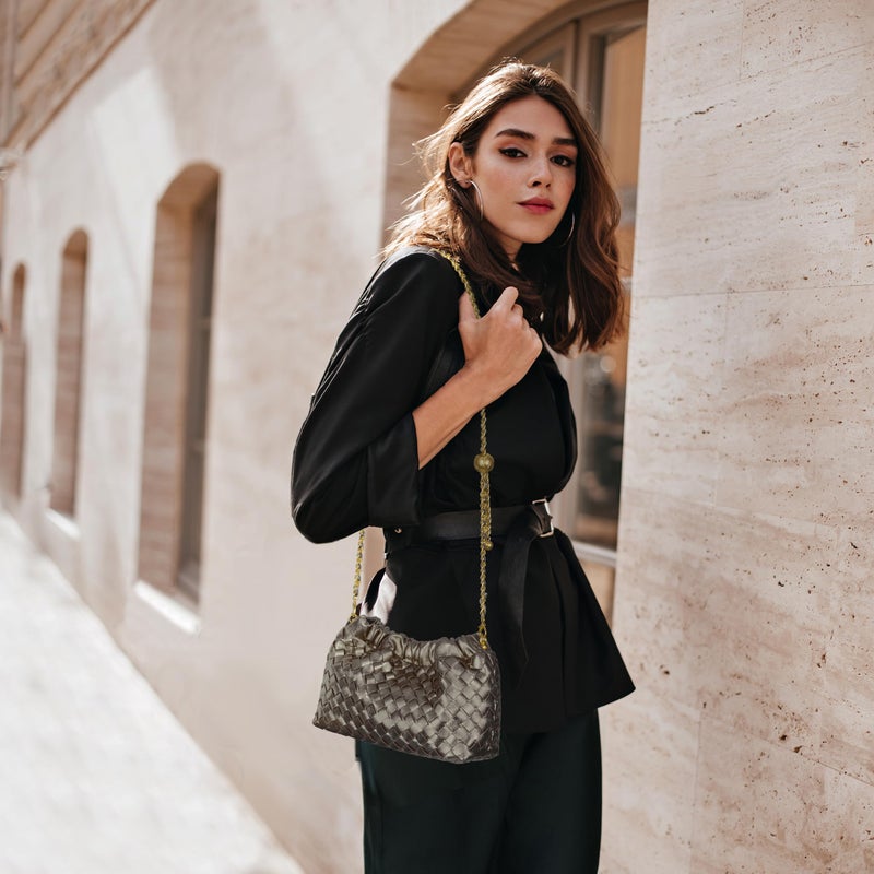 Joryin Woven Women's Crossbody Bag & Evening Purse, Trendy Dumpling Clutch & Hobo Cloud Shoulder Bag Trendy Dumpling Clutch Vegan Leather, Metallic Taupe - Image 2