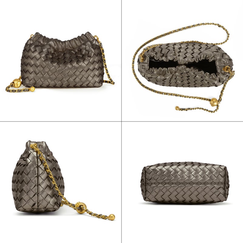 Joryin Woven Women's Crossbody Bag & Evening Purse, Trendy Dumpling Clutch & Hobo Cloud Shoulder Bag Trendy Dumpling Clutch Vegan Leather, Metallic Taupe - Image 4