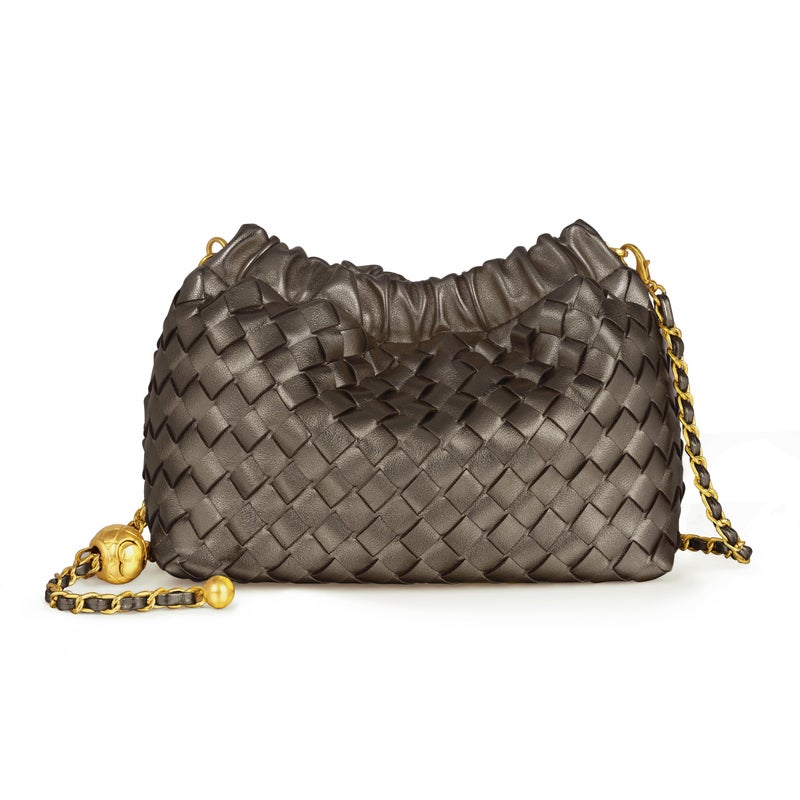 Joryin Woven Women's Crossbody Bag & Evening Purse, Trendy Dumpling Clutch & Hobo Cloud Shoulder Bag Trendy Dumpling Clutch Vegan Leather, Metallic Taupe - Image 1