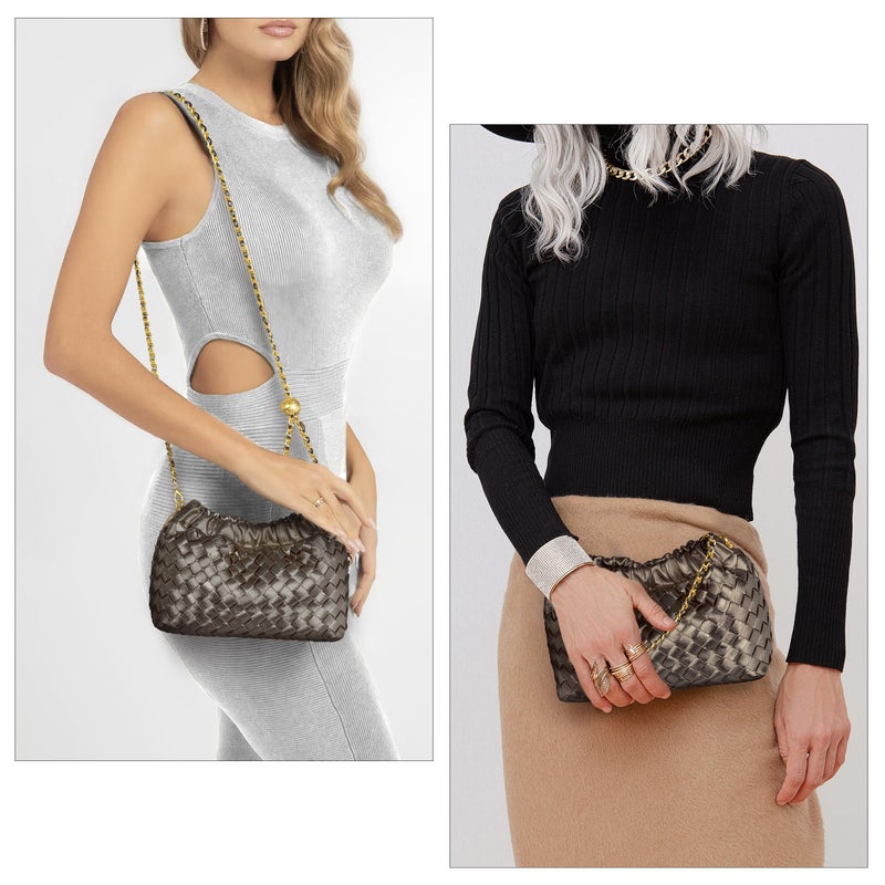 Joryin Woven Women's Crossbody Bag & Evening Purse, Trendy Dumpling Clutch & Hobo Cloud Shoulder Bag Trendy Dumpling Clutch Vegan Leather, Metallic Taupe - Image 3