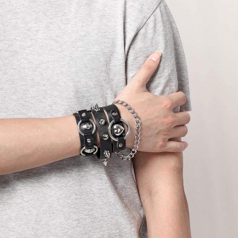 Mafnee Store Mens Bracelet Braided Leather Punk Rock Cuff Bracelets Wrap Bracelet for Men Women Black - Image 2