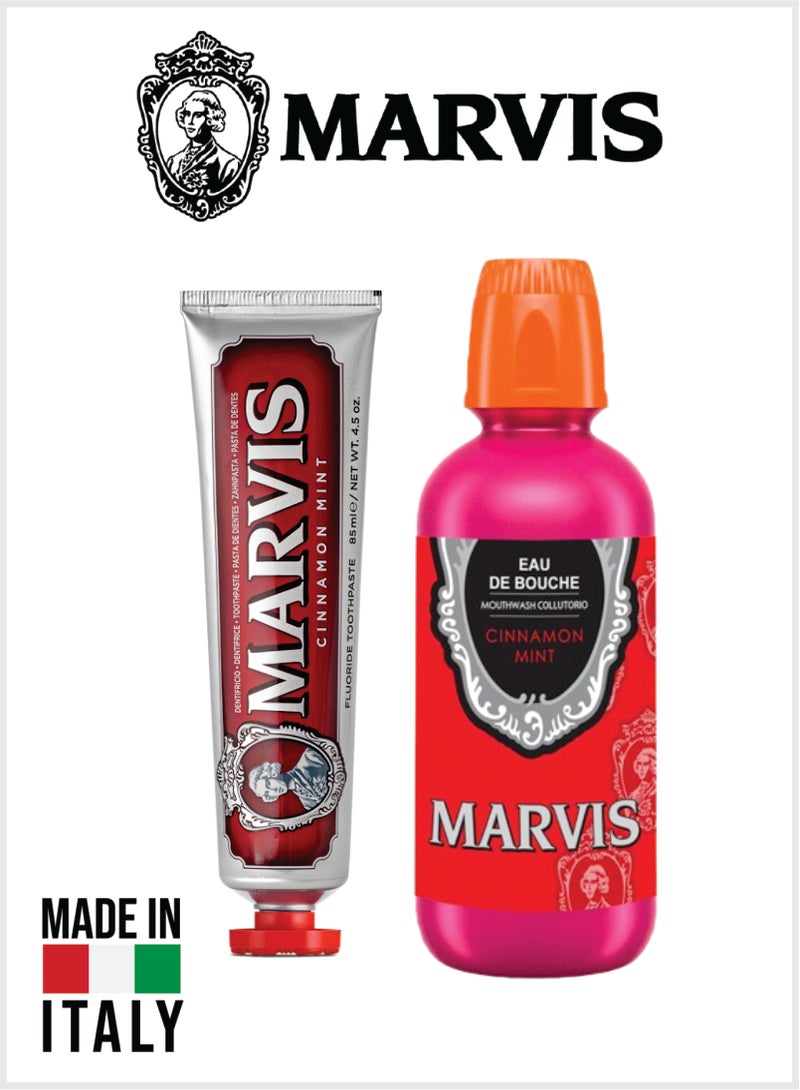 Marvis Cinnamon Mint Oral Care Set – Fluoride Toothpaste 85ml + Mouthwash 400ml, Long-Lasting Freshness & Daily Hygiene - Image 1