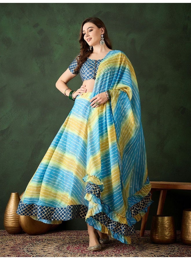 AKS Sky Blue Leheriya Lehenga Choli with Gota Blouse  - Image 5