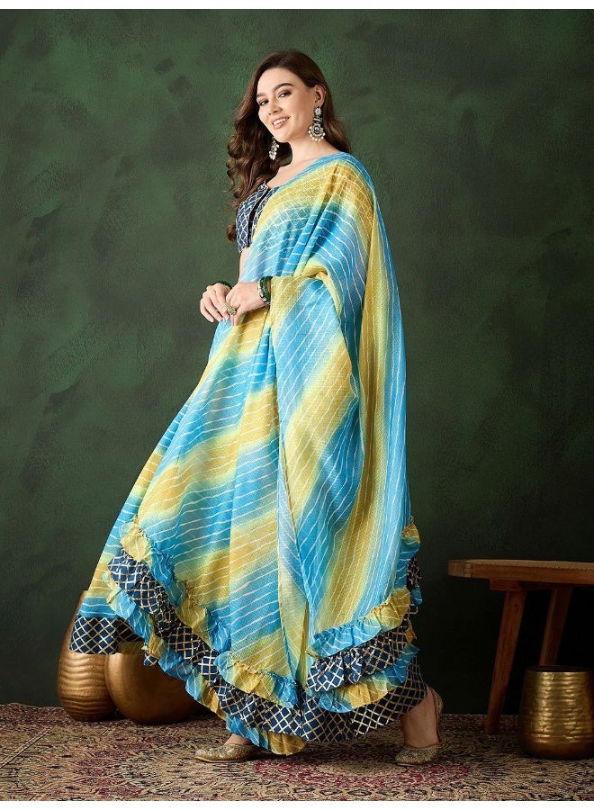 AKS Sky Blue Leheriya Lehenga Choli with Gota Blouse  - Image 4
