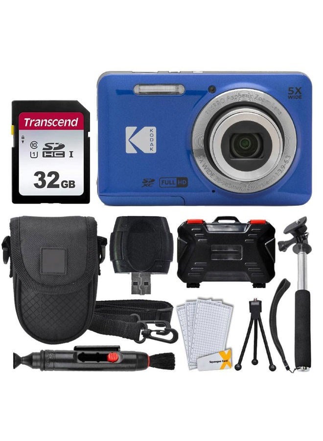 Photo4Less Kodak PIXPRO FZ55 Digital Camera (Blue) + 32GB Memory Card + Point and Shoot Camera Case + Extendable Monopod + Lens Cleaning Pen + LCD Screen Protectors + Table Top Tripod – Ultimate Bundle - Image 1