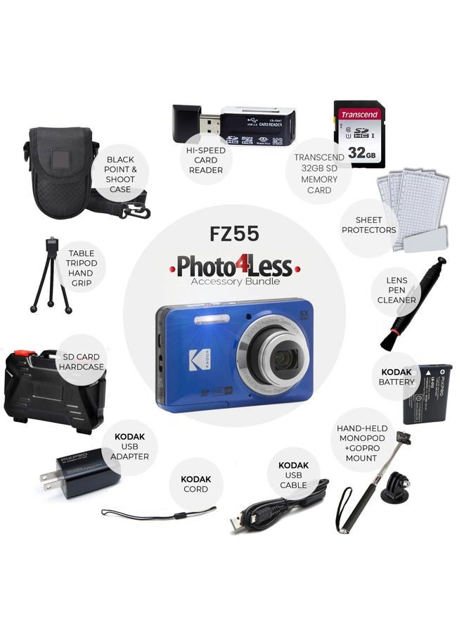 Photo4Less Kodak PIXPRO FZ55 Digital Camera (Blue) + 32GB Memory Card + Point and Shoot Camera Case + Extendable Monopod + Lens Cleaning Pen + LCD Screen Protectors + Table Top Tripod – Ultimate Bundle - Image 2