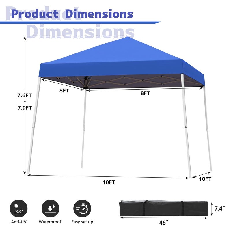Oneofics Canopy Tent, 10X10 FT Pop Up Canopy Outdoor Instant Tent Slant Legs with Carrying Bag, Portable Gazebo Shelter for Patio Deck Garden and Beach - 8X8 FT Canopy Cover, Blue - Image 4