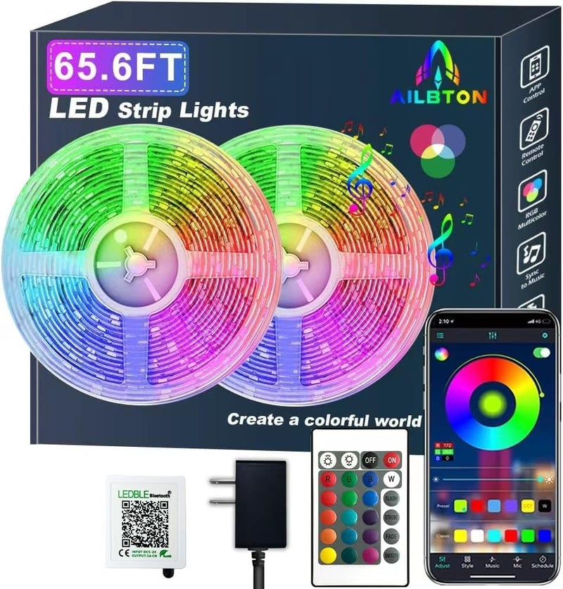 AILBTON 65.6ft/20M Led Strip Lights, Long Smart Music Sync 5050 RGB Color Changing Light Strip Bluetooth APP/IR Remote/Switch Box Control Rope Lights LED Lights for Bedroom,Party,Home Decoration,Festival - Image 1