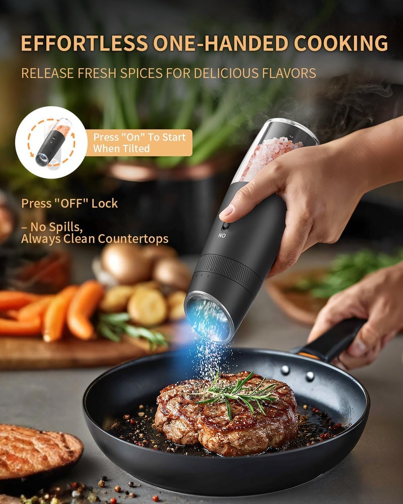 CircleJoy Gravity Electric Salt and Pepper Grinder Set Automatic Shakers Upgraded Pepper Mill with Rechargeable Base, External Adjustable Coarseness, LED Light, Easy Refill for Kitchen & Outdoor - Image 2