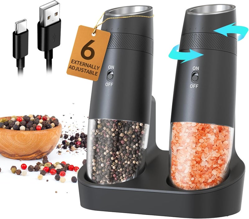 CircleJoy Gravity Electric Salt and Pepper Grinder Set Automatic Shakers Upgraded Pepper Mill with Rechargeable Base, External Adjustable Coarseness, LED Light, Easy Refill for Kitchen & Outdoor - Image 1
