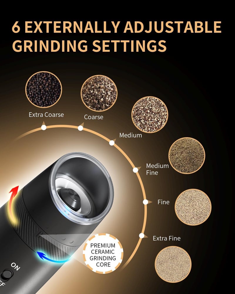 CircleJoy Gravity Electric Salt and Pepper Grinder Set Automatic Shakers Upgraded Pepper Mill with Rechargeable Base, External Adjustable Coarseness, LED Light, Easy Refill for Kitchen & Outdoor - Image 3