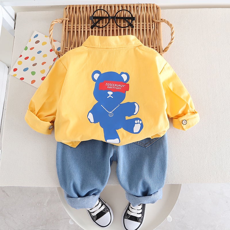 Autumn 2023 Children's Wear Lapel Solid Color Shirt Jeans Tie Spring Boy Handsome One Piece Cartoon 2 Piece Set - Image 5
