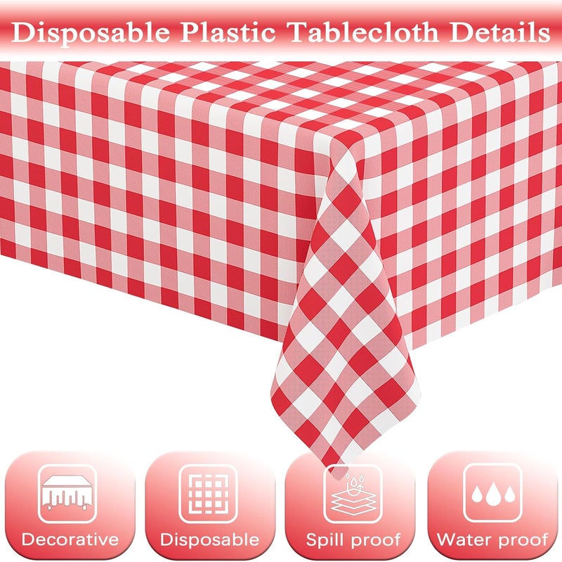 6 عبوات من مفرش المائدة الأحمر المربع مستطيل الشكل، مفرش طاولة أحمر وأبيض مربعات، أغطية طاولة بلاستيكية قابلة للاستخدام مرة واحدة باللون الأحمر المربع للحفلات وعيد الميلاد والنزهات الخارجية وأعياد الميلاد وحفلات الزفاف والتخييم، مقاس 54 × 108 - Image 4