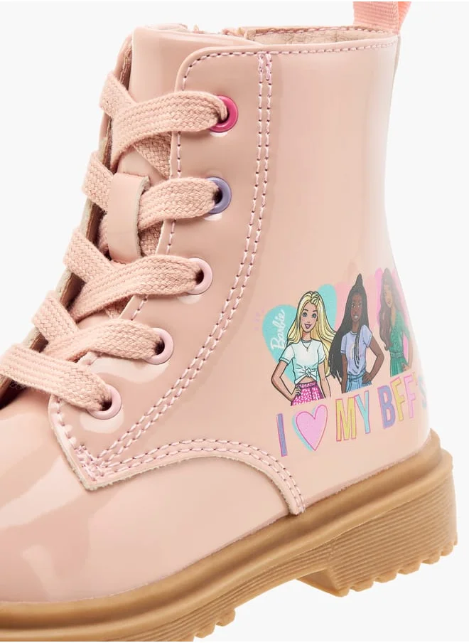Barbie Printed Ankle Boots with Lace-Up Closure