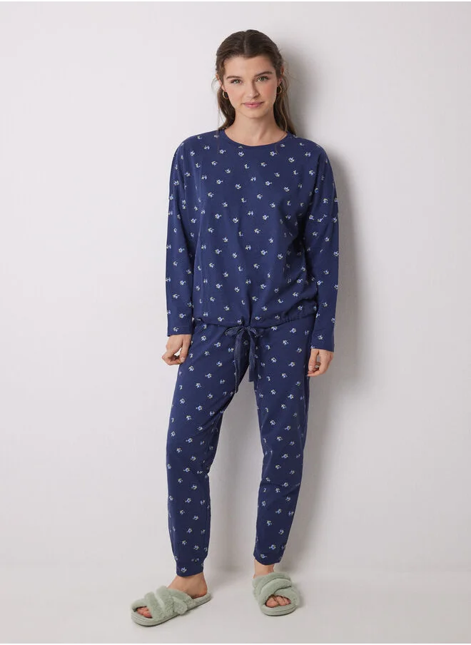 women'secret Long 100% cotton pajamas with blue flowers