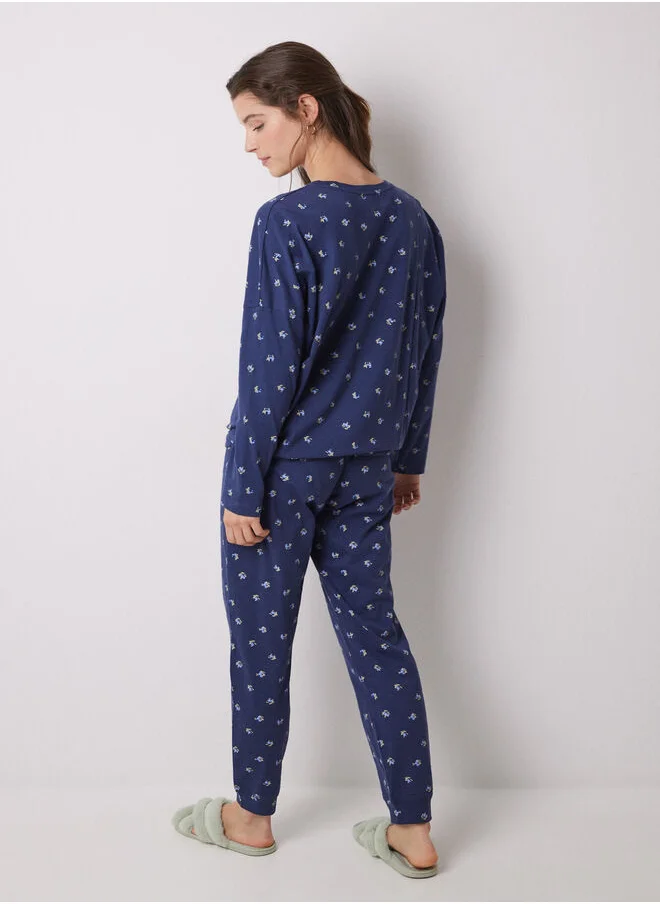 women'secret Long 100% cotton pajamas with blue flowers