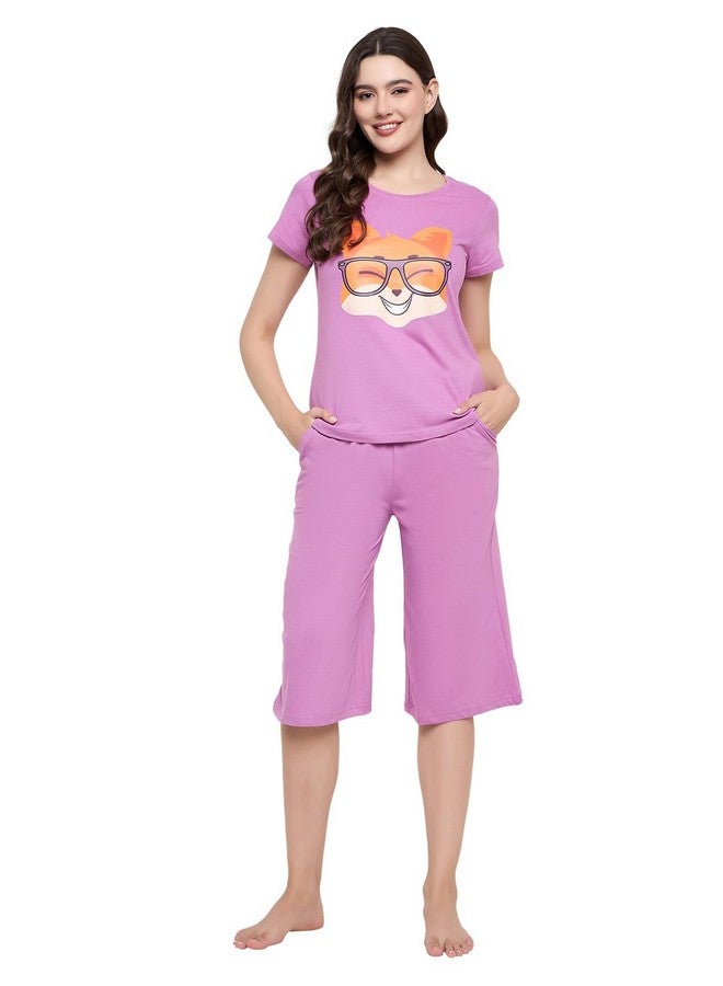 Clovia Women's Cotton Printed Top and Basic Capri Set (LS0598A15_Purple_M)-M - Image 1
