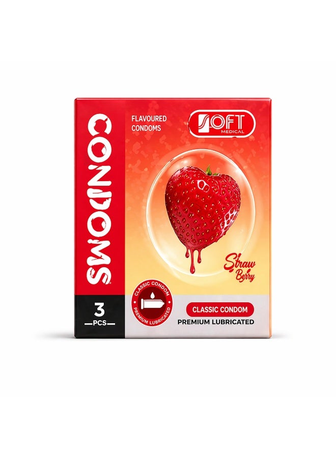 سوفت واقي ذكري بنكهة الفراولة من SOFT Medical – كلاسيك مزلق بريميوم، 3 قطع، Flavoured Condoms للبالغين - Image 3