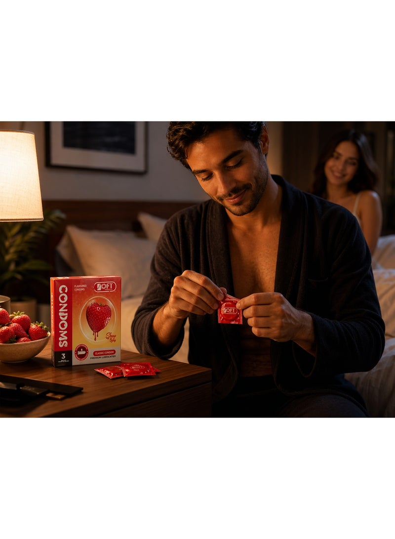 سوفت واقي ذكري بنكهة الفراولة من SOFT Medical – كلاسيك مزلق بريميوم، 3 قطع، Flavoured Condoms للبالغين - Image 2