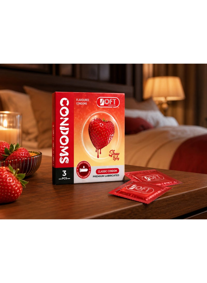 سوفت واقي ذكري بنكهة الفراولة من SOFT Medical – كلاسيك مزلق بريميوم، 3 قطع، Flavoured Condoms للبالغين - Image 1