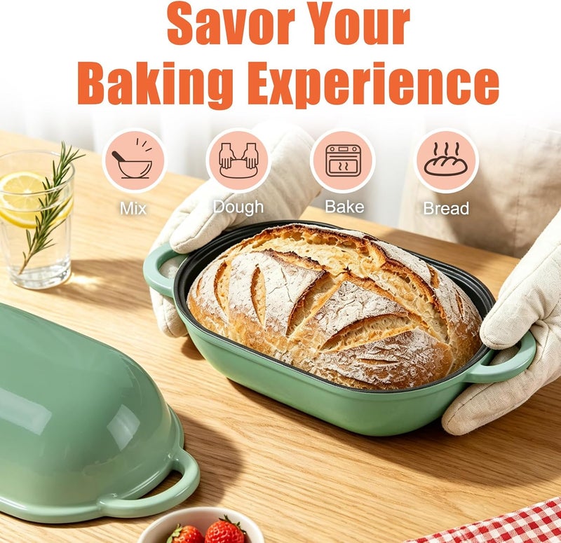 NSIRONS Enameled Cast Iron Sourdough Bread Oven, 2.5 QT Loaf Cast Iron Bread Pan with Lid, Oval Dutch Oven for Homemade Bread Baking, Meatloaf Pan with Lid (Fig Green) - Image 4