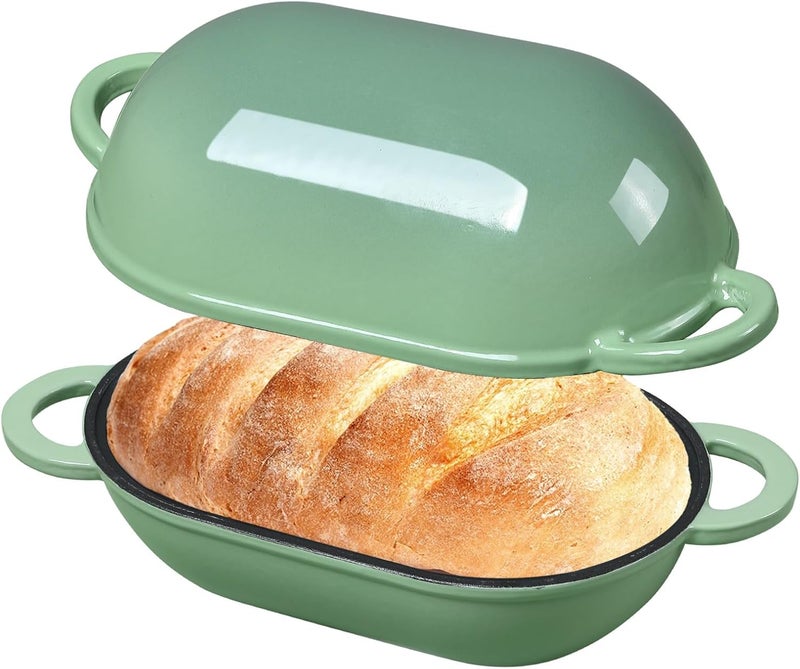 NSIRONS Enameled Cast Iron Sourdough Bread Oven, 2.5 QT Loaf Cast Iron Bread Pan with Lid, Oval Dutch Oven for Homemade Bread Baking, Meatloaf Pan with Lid (Fig Green) - Image 1