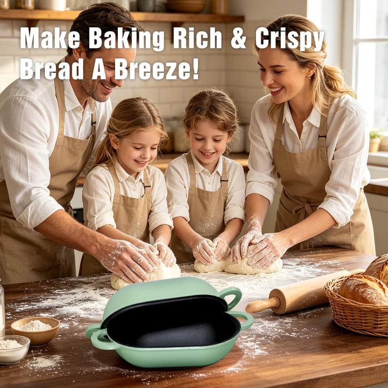 NSIRONS Enameled Cast Iron Sourdough Bread Oven, 2.5 QT Loaf Cast Iron Bread Pan with Lid, Oval Dutch Oven for Homemade Bread Baking, Meatloaf Pan with Lid (Fig Green) - Image 3