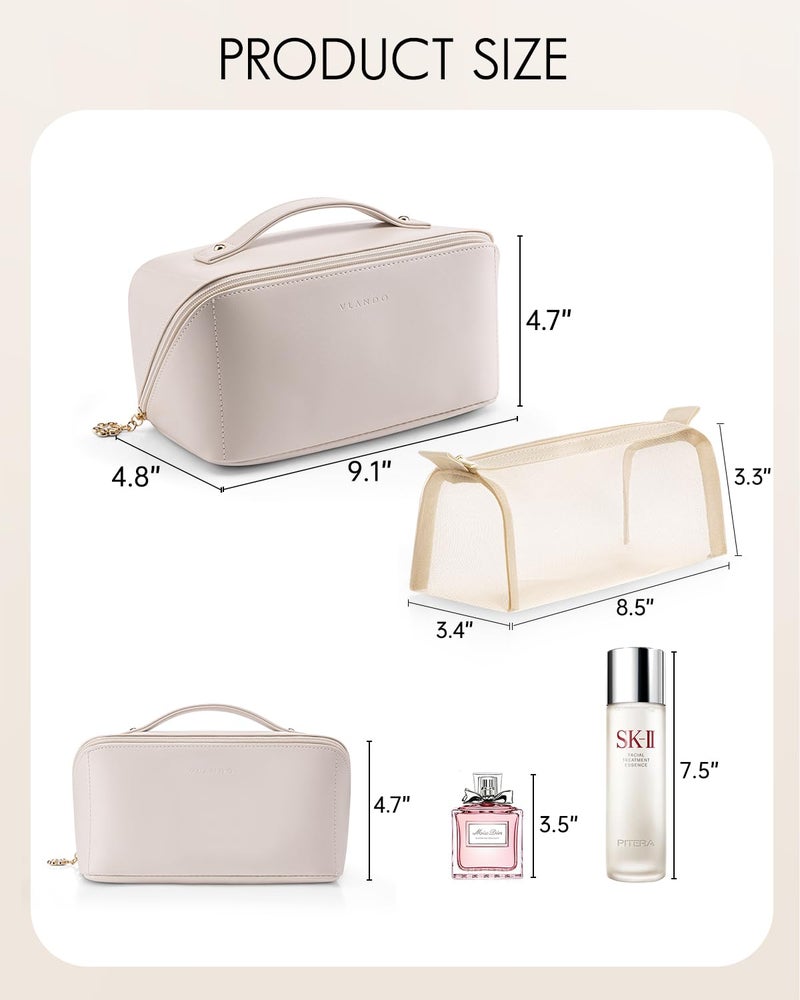 Vlando Travel Makeup Bag, Make up Bag Travel Toiletry Bag for Women Open Flat Makeup Organizer with Divider and Handle,Gift Ideas for Women Wife-White - Image 5