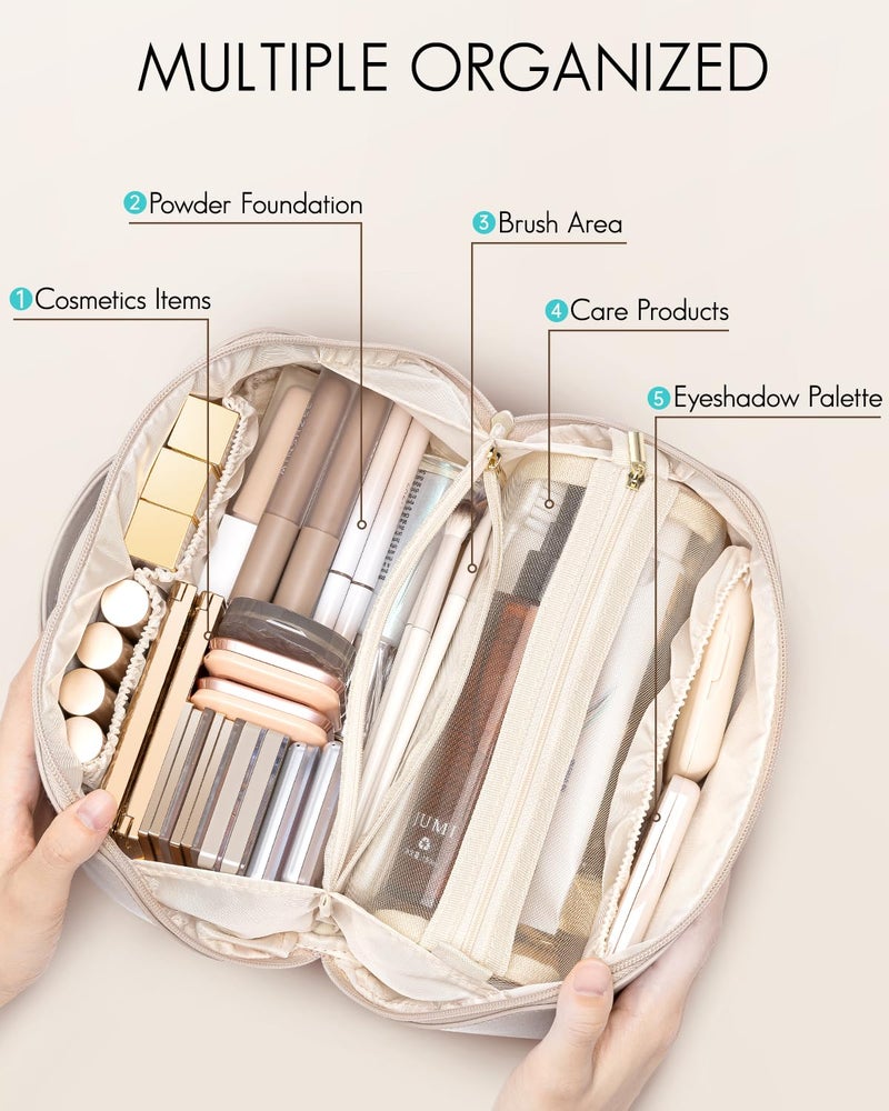 Vlando Travel Makeup Bag, Make up Bag Travel Toiletry Bag for Women Open Flat Makeup Organizer with Divider and Handle,Gift Ideas for Women Wife-White - Image 2
