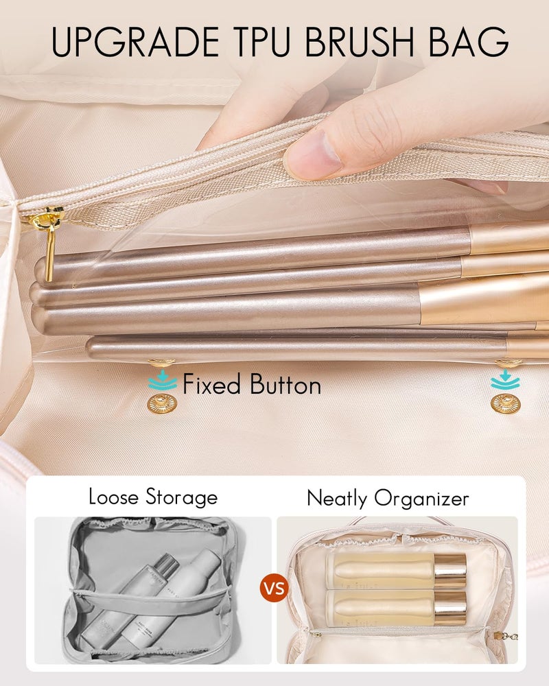 Vlando Travel Makeup Bag, Make up Bag Travel Toiletry Bag for Women Open Flat Makeup Organizer with Divider and Handle,Gift Ideas for Women Wife-White - Image 3