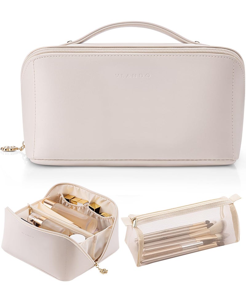 Vlando Travel Makeup Bag, Make up Bag Travel Toiletry Bag for Women Open Flat Makeup Organizer with Divider and Handle,Gift Ideas for Women Wife-White - Image 1