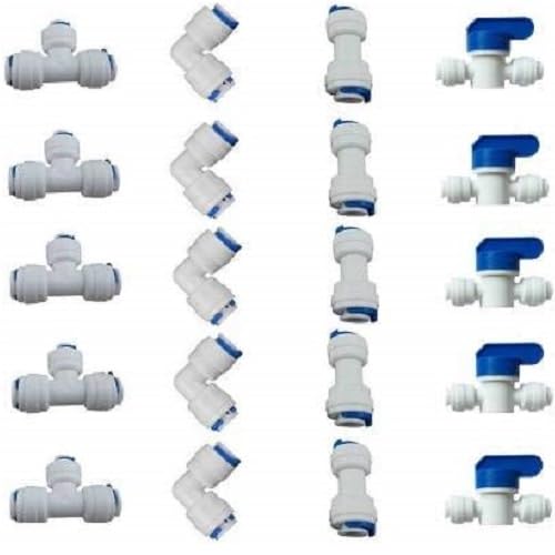 KRPLUS Imported RO Fitting 14 Inch OD Quick Connect Push in to Connect for RO Water Reverse Osmosis System Water Tube Fitting Set of 20 Ball ValveTIL Elbow Connector For Water Purifier White - Image 1