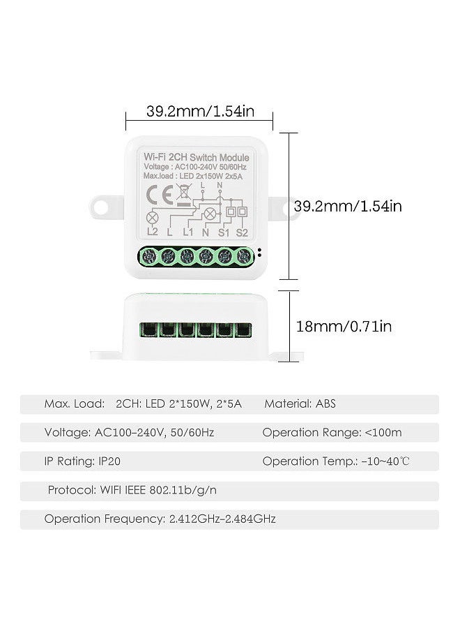 Generic - 2CH WIFI Switch Module Mini Smart Module with Voice Control Mobilephone APP Control Timing Function Compatible with Google Assistant Amazon Alexa LED 300W, 10A - Image 1