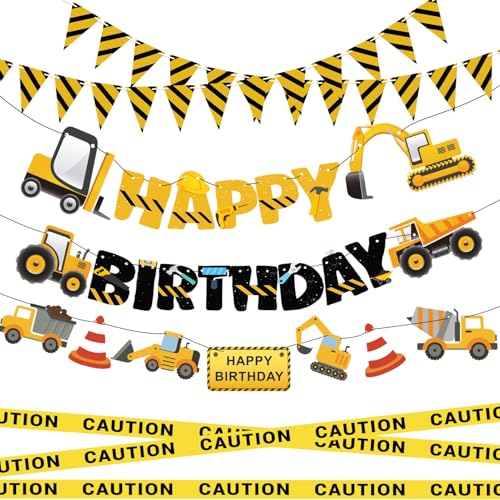 FIGEPO Construction Party Supplies Dump Truck Party Decorations Set with caution tape construction pennant flags Happy Birthday Banner Vehicle Banner for Kids Birthday Party - Image 1