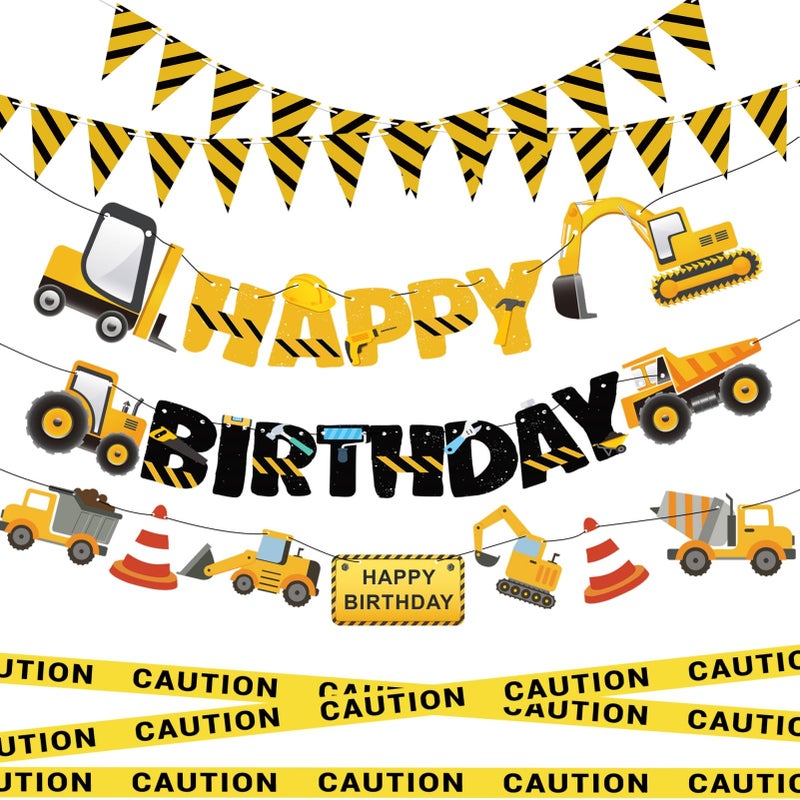 FIGEPO Construction Party Supplies Dump Truck Party Decorations Set with caution tape construction pennant flags Happy Birthday Banner Vehicle Banner for Kids Birthday Party - Image 3