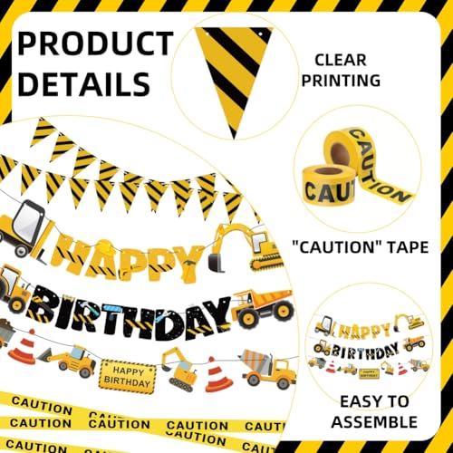 FIGEPO Construction Party Supplies Dump Truck Party Decorations Set with caution tape construction pennant flags Happy Birthday Banner Vehicle Banner for Kids Birthday Party - Image 5