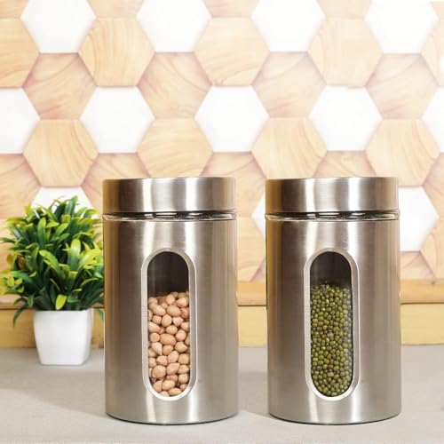Femora Oval Shape Glass Window Jars | 1000 ML | Set Of 2 |Steel Body See Through Window Jar | 1 Year Warranty | Airtght | Jars for Snacks, Fry Food, Masala, Spice, Pickles, Cookies | Silver - Image 1