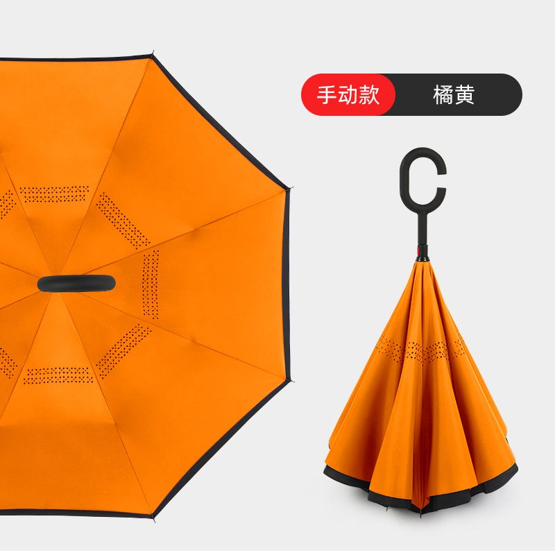 Hands-Free C-Handle Standable Reverse Umbrella Orange hand opening 