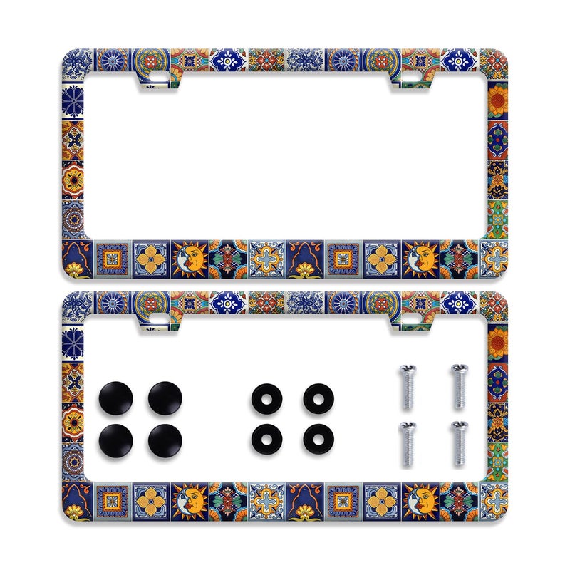 Omw2fyb ã€2Pcsã€‘ Mexican Tiles License Plate Frames Mandala Boho License Plate Frame Car Universal Stainless Steels Accessories Cars Decor with 2 Holes and Screws Fits Standard US Vehicles Size: 12.2 x 6 Inches - Image 1