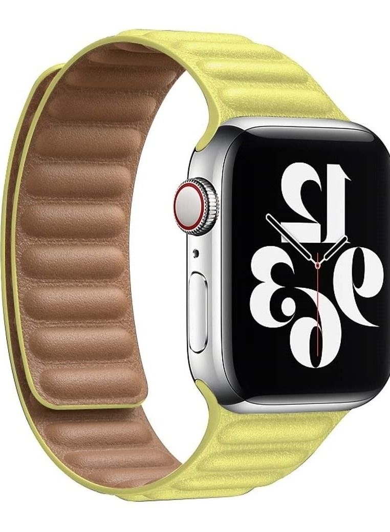 Leather Strap for Apple Watch 42mm/44mm, Adjustable Genuine Leather Loop Wristband with Strong Magnetic Closure for Apple Watch Series 1,2,3,4,5,6,SE,(Light Yellow) - Image 2