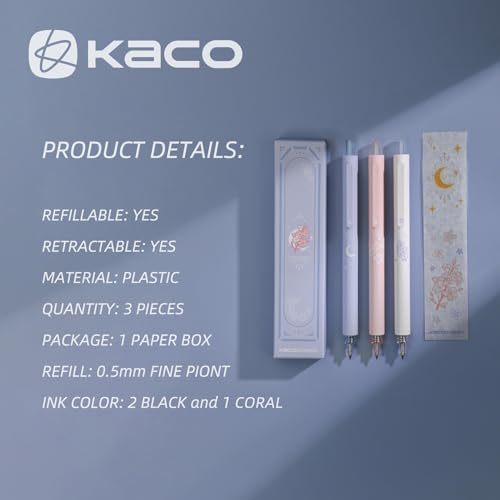 KaCo Gel Pens Cute Stationery 3 Pieces 0.5mm Fine Point, Quick Drying Pens for Journaling Aesthetic Office Supplies, 2 Black Ink and 1 Coral Ink - Image 2